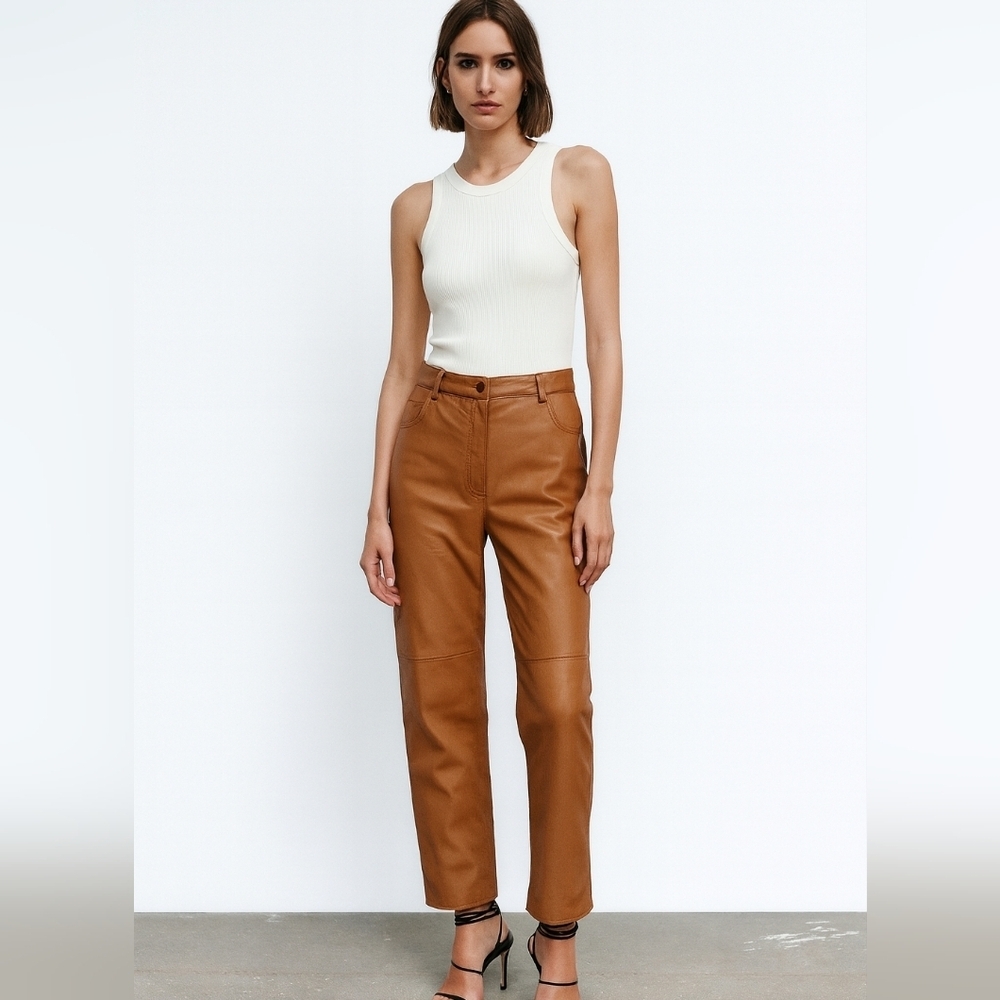 Vintage TOWER HILL 100% Genuine Leather Staight Leg Pants. Tan Cognac. 12P